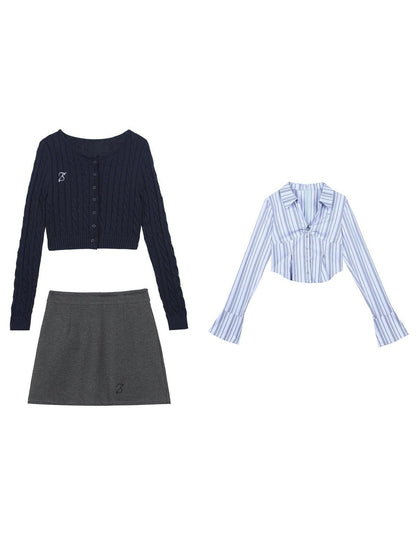 7Shiftin Crop Two Piece Casual Short Length Layered Set For Women Blue White Shirts
