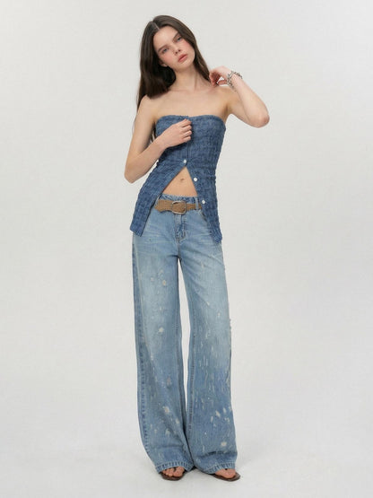The NeverMore Crystal Trim Relaxed Natural Waist Women Washed Blue Zipper Straight Leg Jeans