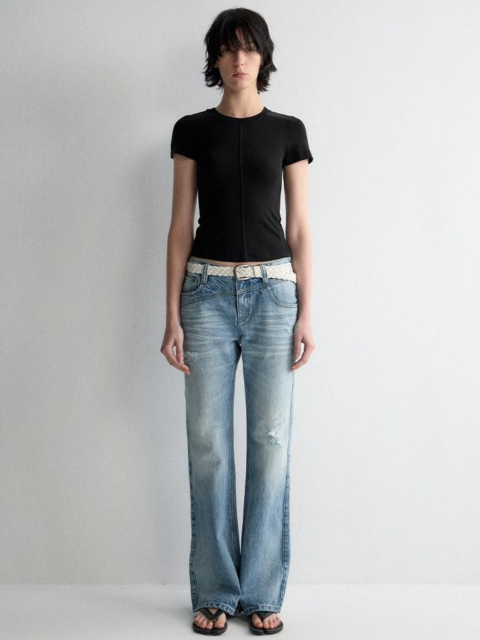 RUN TO THE FUTURE Ripped Low Rise Wide Leg Casual Loose Fit Vintage Ice Blue Denim Straight Jeans