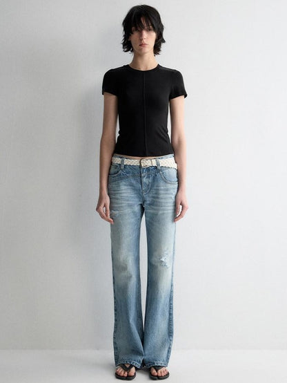 RUN TO THE FUTURE Ripped Low Rise Wide Leg Casual Loose Fit Vintage Ice Blue Denim Straight Jeans