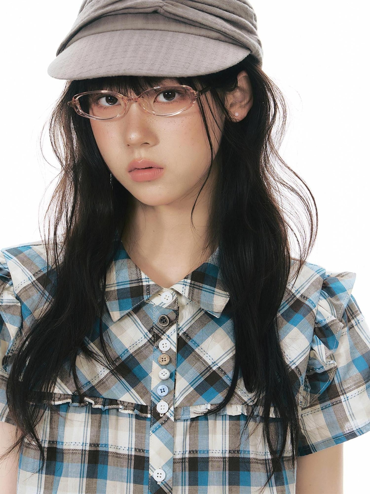 NAPSNAPS Blue Plaid Ruffle Puff Sleeve Button Tie Women&