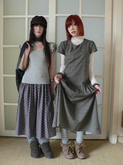 ang project Brown Polka Dot Pleated A Line Flutter Sleeve Women&