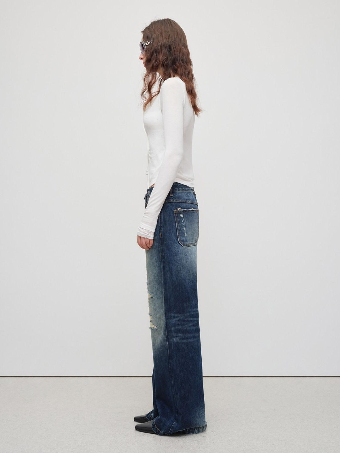 RUN TO THE FUTURE Vintage Distressed Low Rise Ripped Loose Fit Women Cotton Zipper Wide-Leg Jeans