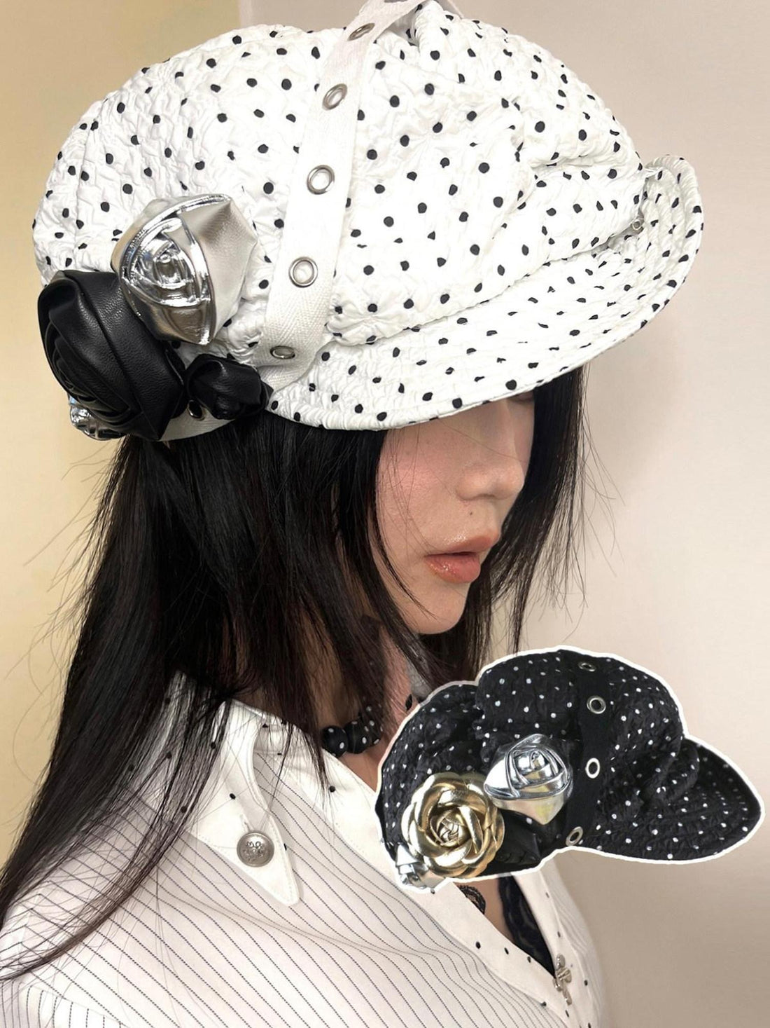 nit alcove Handmade Bow Casual Short Brim Polka Dot Beret Women White Size M 56 Cm Hats