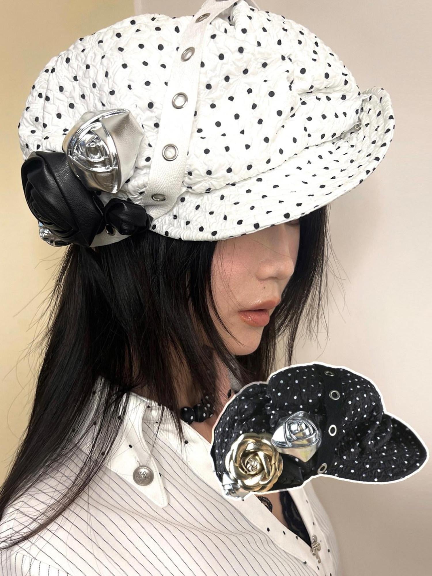 nit alcove Handmade Bow Casual Short Brim Polka Dot Beret Women White Size M 56 Cm Hats