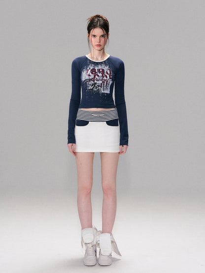 The NeverMore Contrast Printed Cotton Mid Waist Straight Bodycon Women White Mini Skirts