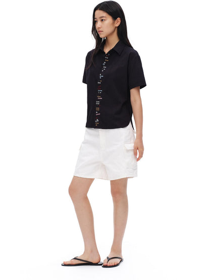 oinimi White Vintage Bermuda Cargo Button Fly Pocket Women&