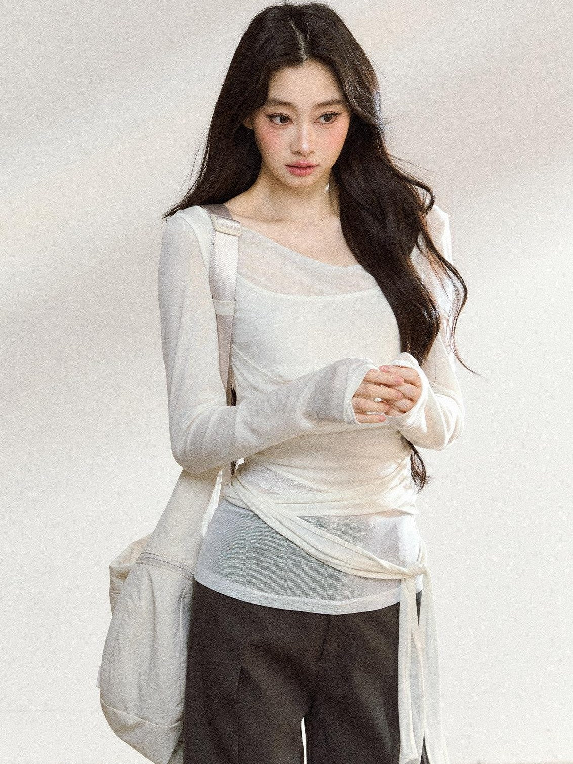 7Shiftin Lyocell Wool Blend Slim Lace Panel Cross Motif White Pink Long Sleeve Crop Tops