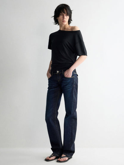RUN TO THE FUTURE Durable Low Rise Slim Fit Casual Dark Denim Zipper Fly No Stretch Straight Jeans