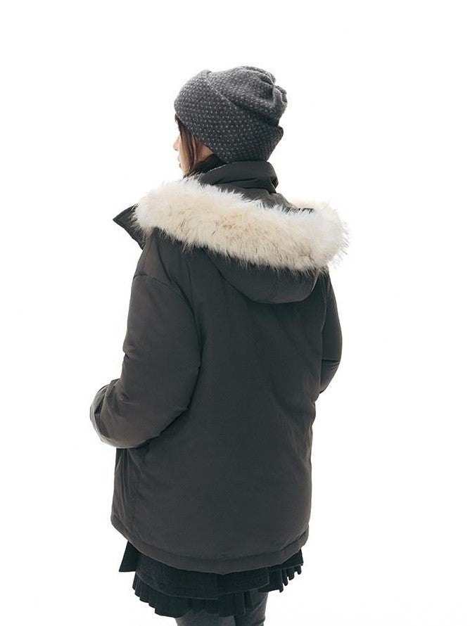 NAPSNAPS White Fur Hooded Double Collar Faux Two Piece Women&