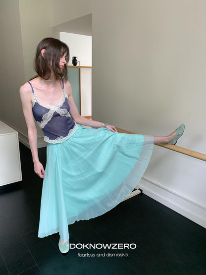 DKZ OFFICIAL Mint Green Tulle A Line Drapey Elastic Waist Women&