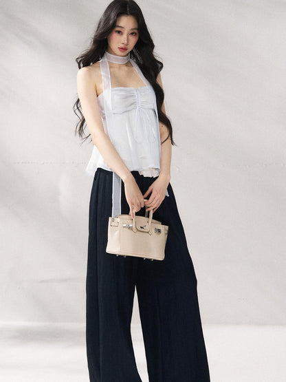 7Shiftin Nylon Cotton Blend Relaxed Natural Waist Women Solid Navy Wide Leg Pants