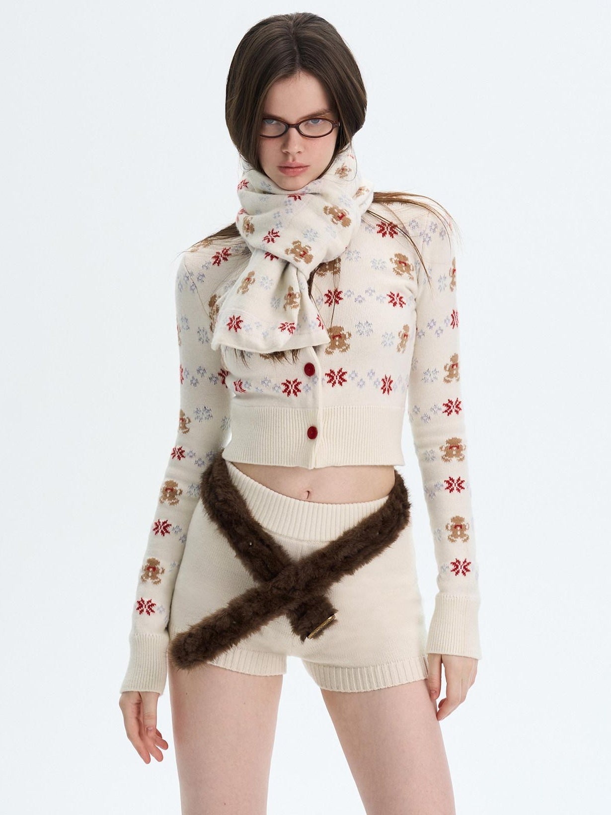 The NeverMore Cashmere Blend Bear Jacquard Cute Slim Cropped Crewneck Knitwear Cardigans