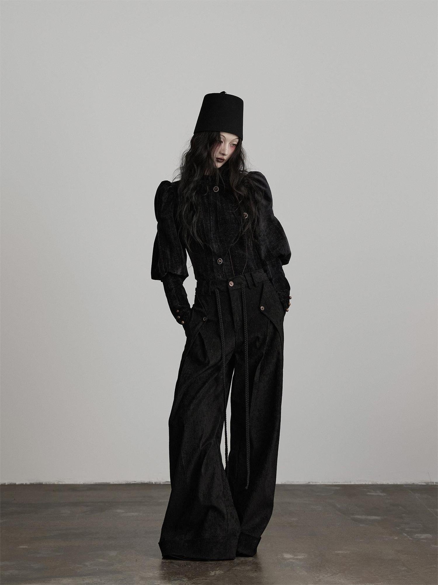 INDULGE Stretchy Waist Cinch Gothic Loose Fit Button Front Women Black Cropped Jackets