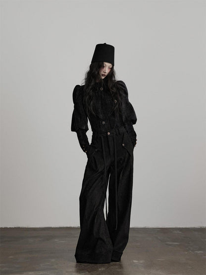 INDULGE Stretchy Waist Cinch Gothic Loose Fit Button Front Women Black Cropped Jackets