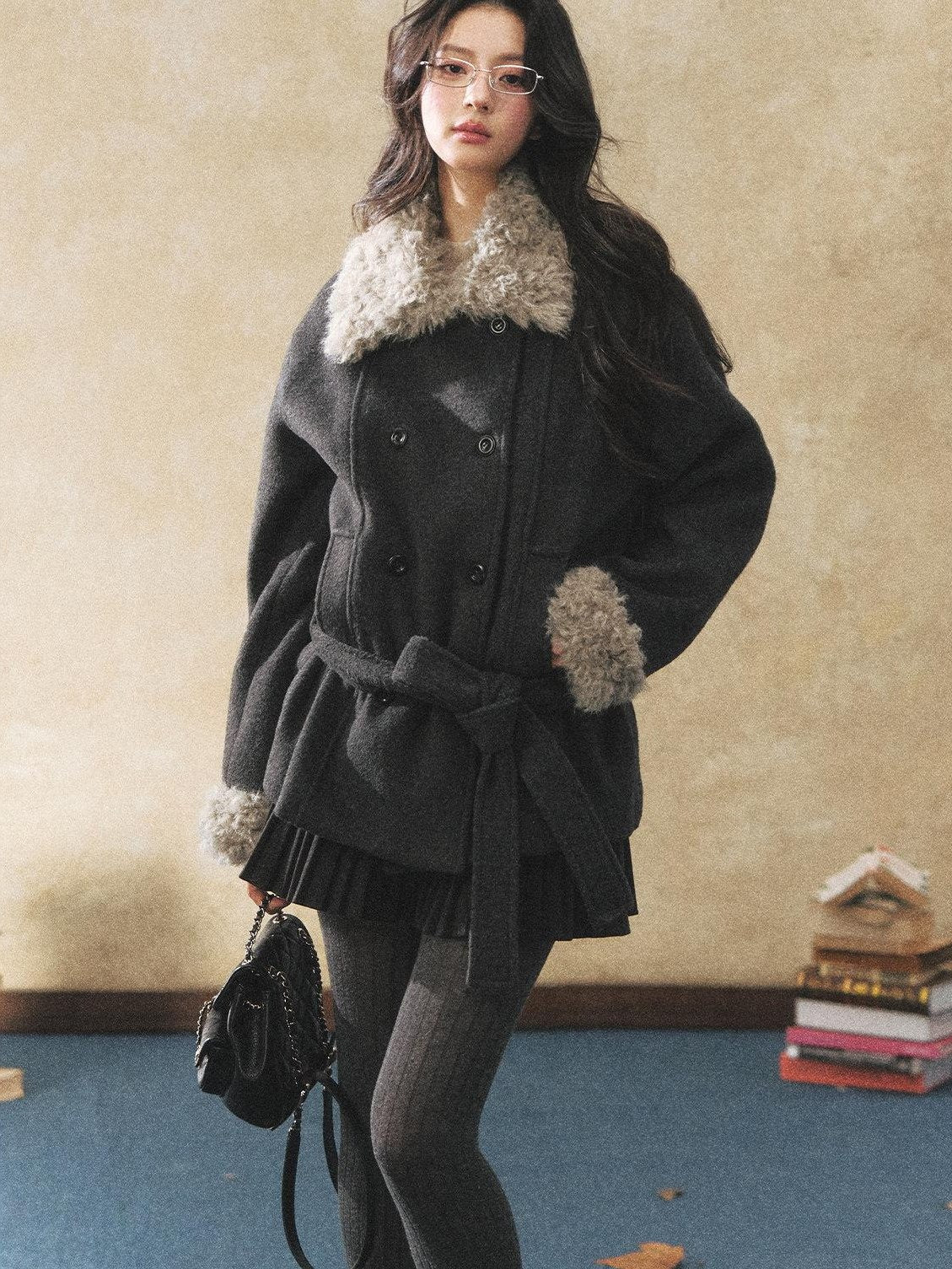7Shiftin Warm Faux Fur Trim Casual Waist Double Breasted Women Deep Gray Short Coat
