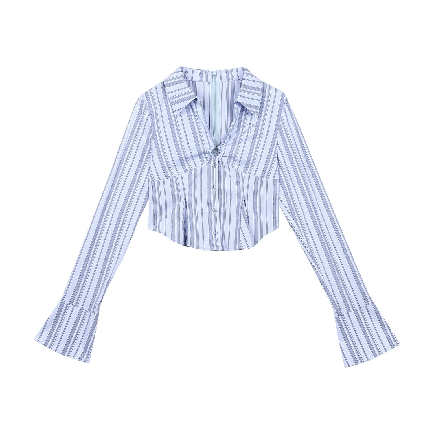 7Shiftin Crop Two Piece Casual Short Length Layered Set For Women Blue White Shirts