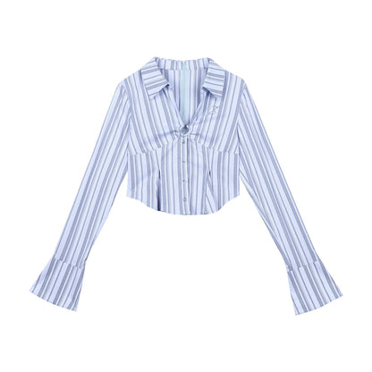 7Shiftin Crop Two Piece Casual Short Length Layered Set For Women Blue White Shirts