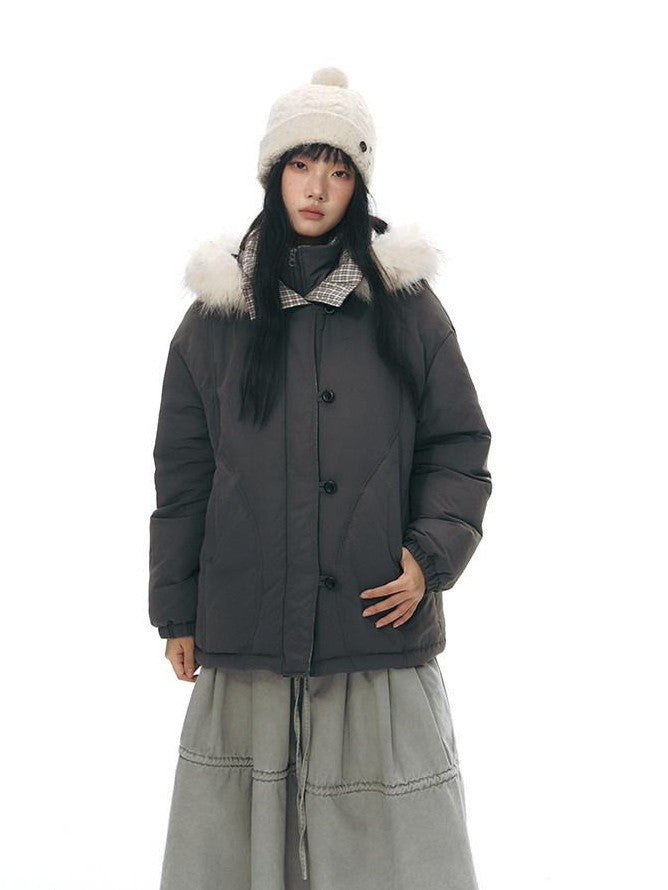 NAPSNAPS White Fur Hooded Double Collar Faux Two Piece Women&