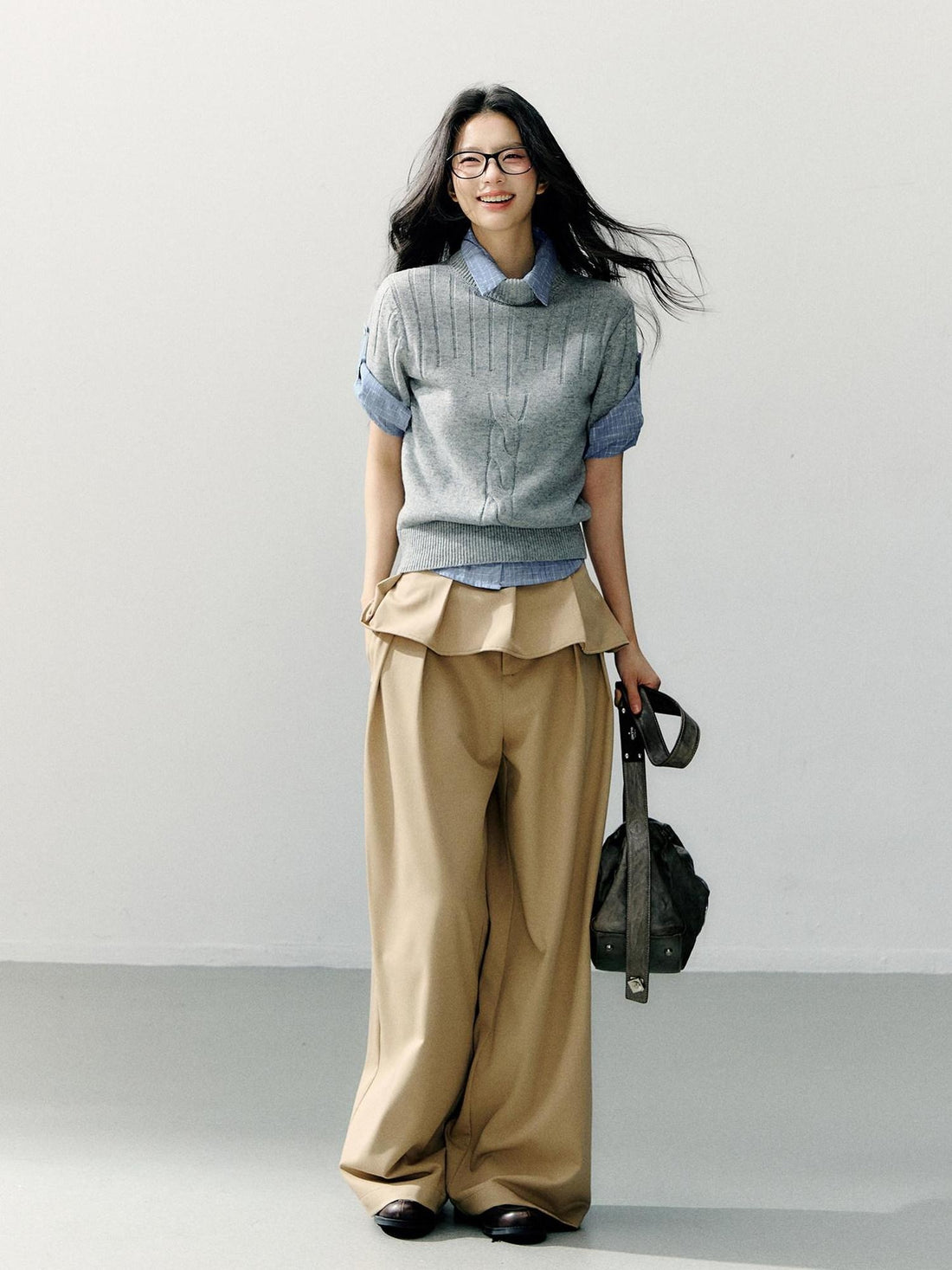 7Shiftin Detachable Lace Trim Natural Waist Casual Khaki Women Wide Leg Pants