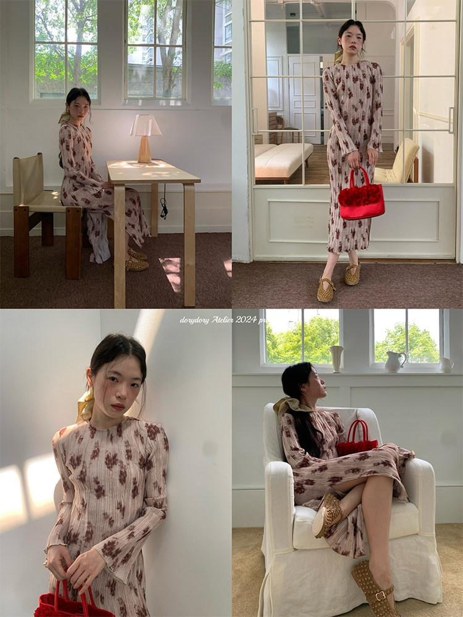 Dorydory Chestnut Pleated Square Neck High Waist Women&