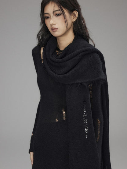 Low pixel Waist Defining Wool Knit Tassel Casual Long Sleeve Round Neck Black Maxi Dresses