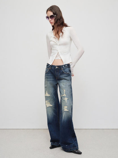 RUN TO THE FUTURE Vintage Distressed Low Rise Ripped Loose Fit Women Cotton Zipper Wide-Leg Jeans