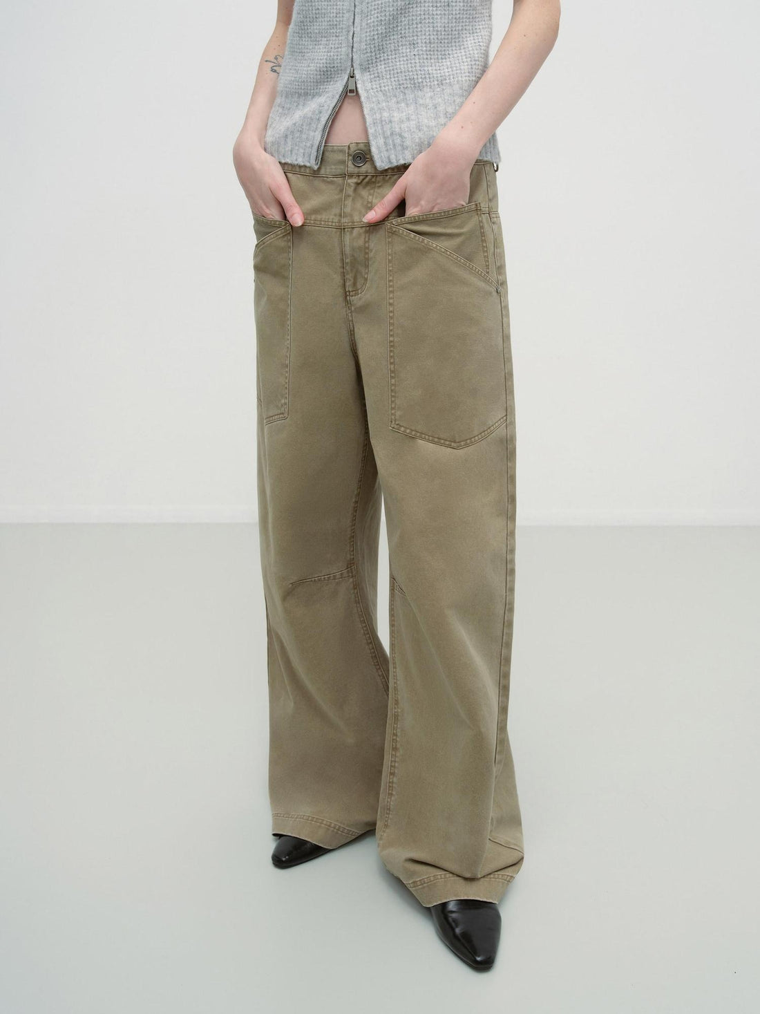 RUN TO THE FUTURE Washed Cotton Khaki Cargo Pockets Loose Mid Rise Zip Fly Casual Straight Pants