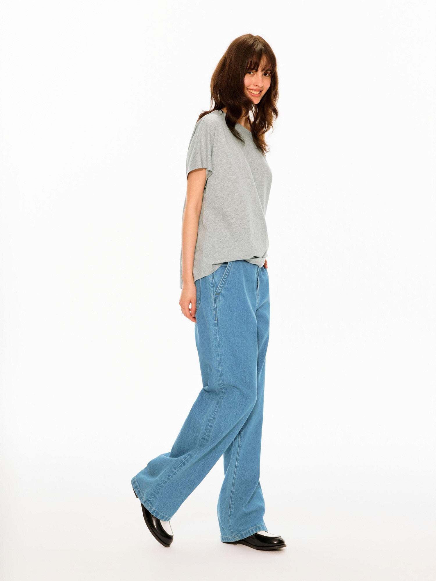 Northbutsouth Mid Blue Slant Pocket Adjustable Back Paris Button Women&