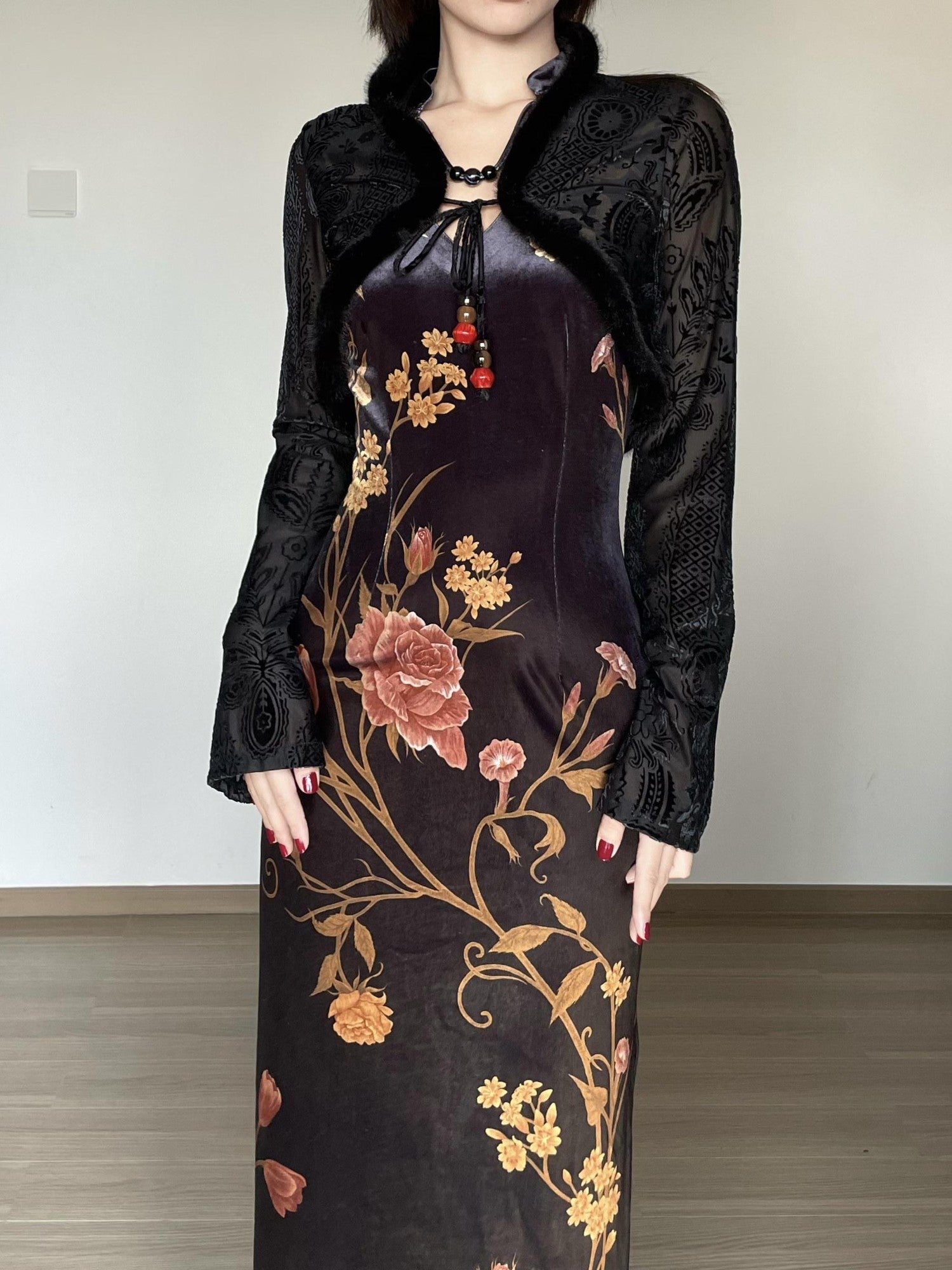 Wet Tail Breathable Floral Cheongsam Vintage Long Sleeve Everyday Casual Maxi Dresses