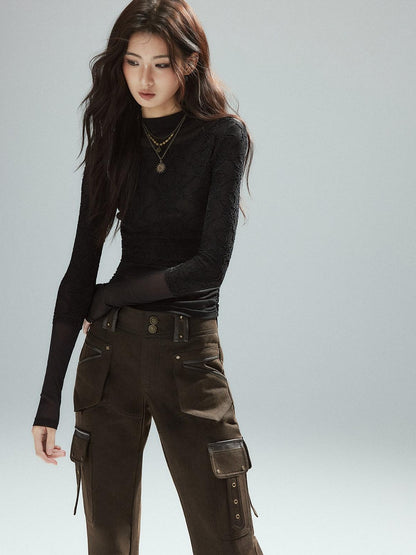 Low pixel Slim Low Rise Cotton Flare Street Style Zipper Brown Women Cargo Pants