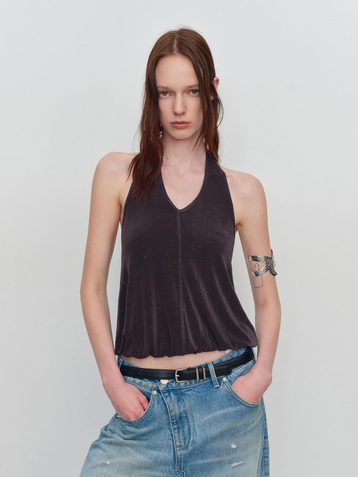 RUN TO THE FUTURE Shimmer Sequin Halter Cropped Unlined Solid Stretch Polyester Women Camisoles