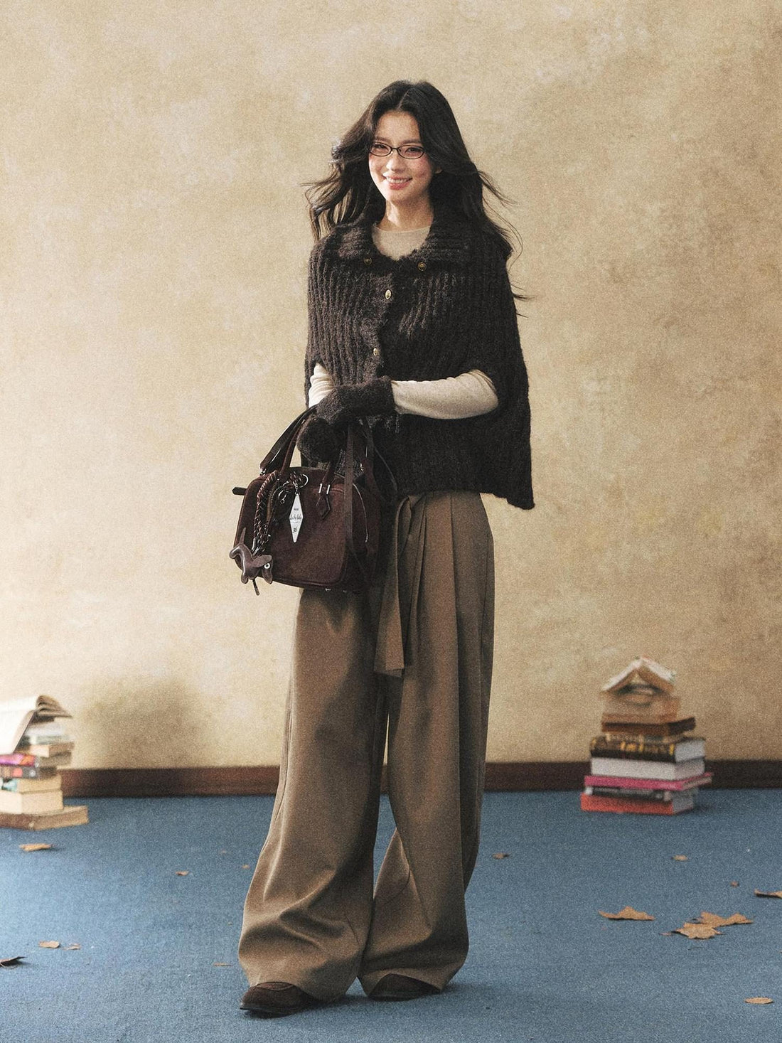 7Shiftin Pleated Wool Blend Natural Waist Casual Straight Hem Khaki Women Wide Leg Pants
