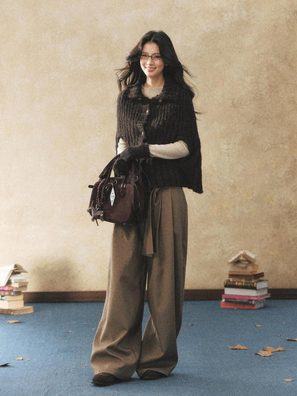 7Shiftin Pleated Wool Blend Natural Waist Casual Straight Hem Khaki Women Wide Leg Pants