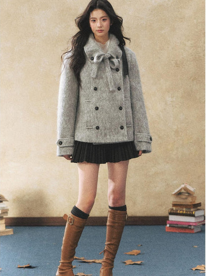 7Shiftin Warm Casual Fitted Waist Bow Detail Double Breasted Cropped Women Knit Sweaters