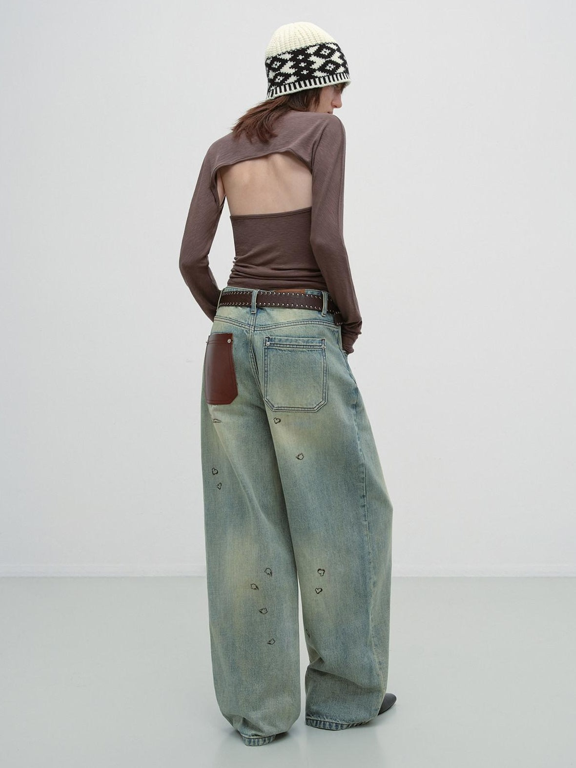 RUN TO THE FUTURE Durable Washed Low Rise Asymmetrical Vintage Unisex Printed Denim Wide-Leg Jeans