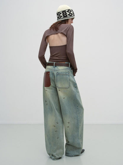 RUN TO THE FUTURE Durable Washed Low Rise Asymmetrical Vintage Unisex Printed Denim Wide-Leg Jeans