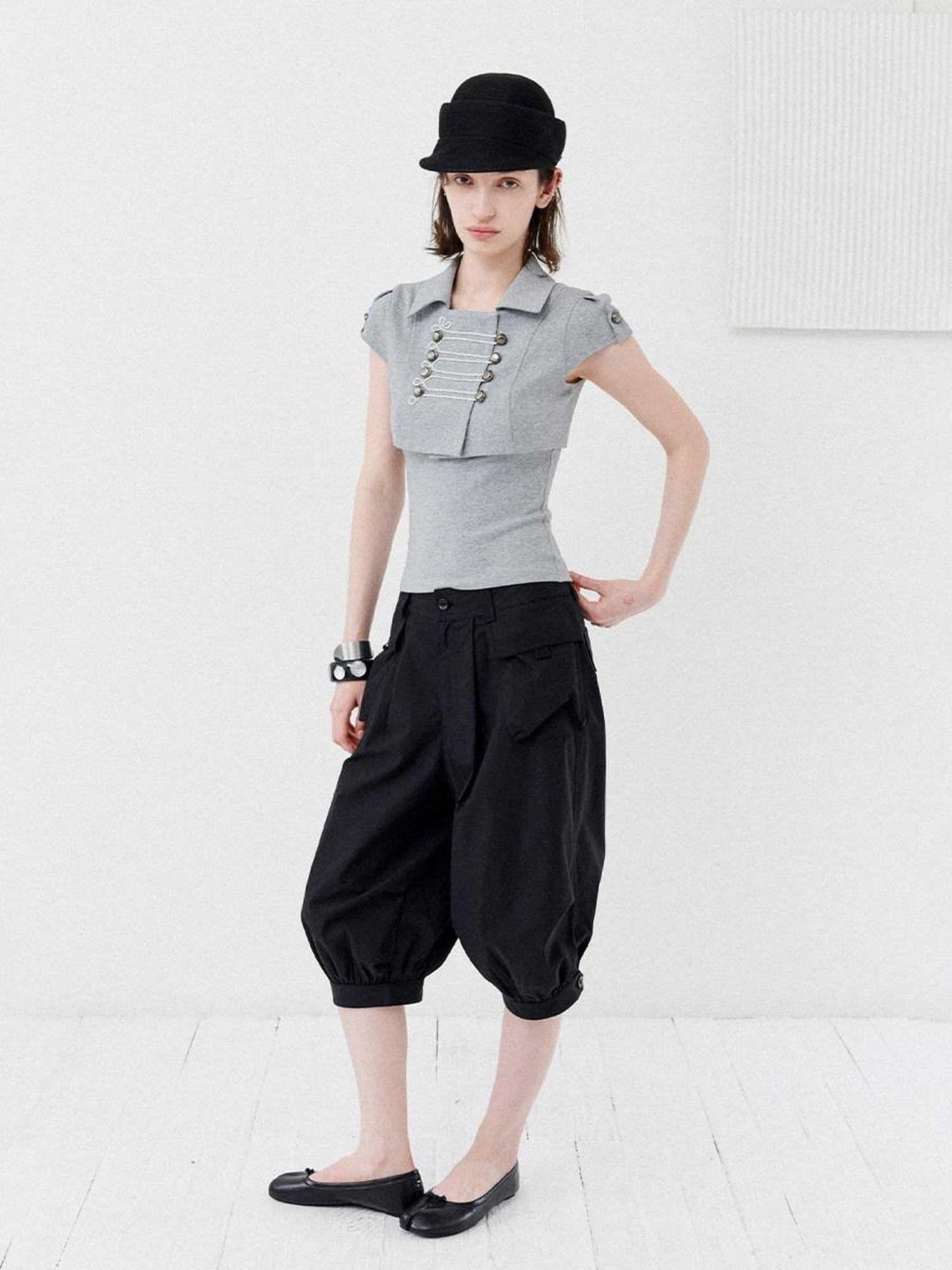 DKZ OFFICIAL Grey Double Breasted Cropped Collared Women&
