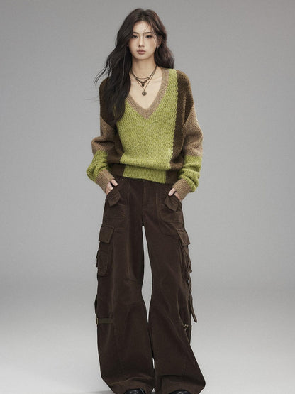 Low pixel Thick Sheep Wool Patchwork Streetwear Loose Fit V-neck Pullover Youth Sweaters