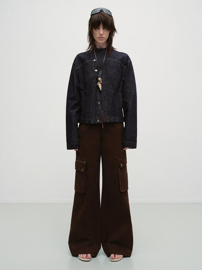 RUN TO THE FUTURE Vintage Asymmetric Fitted Waist Unisex Dark Indigo Cotton Button Denim Jackets