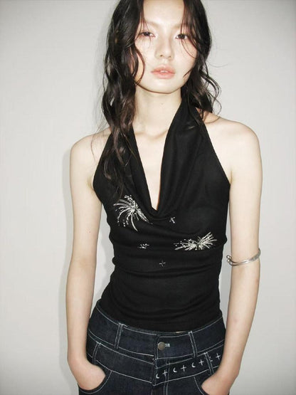AnnoMundi Airy Lyocell Embroidered Halter Polo Collar Midi Women Black Tank Tops