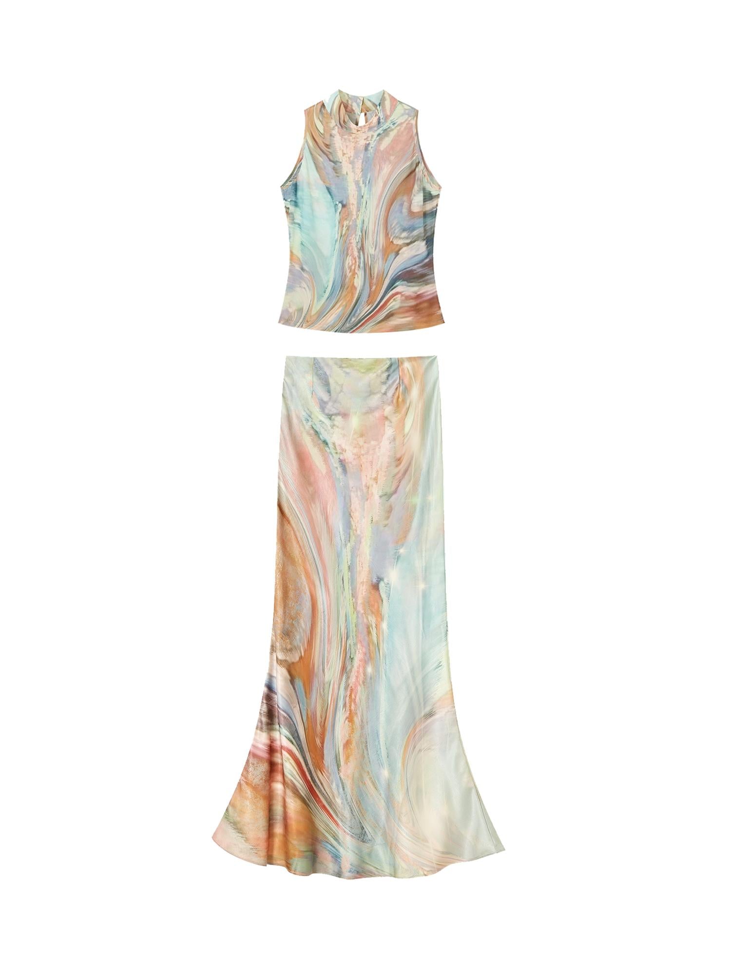 OfAkiva Original Nature Art Print Vest Bias-Cut Skirt Set 2Pcs