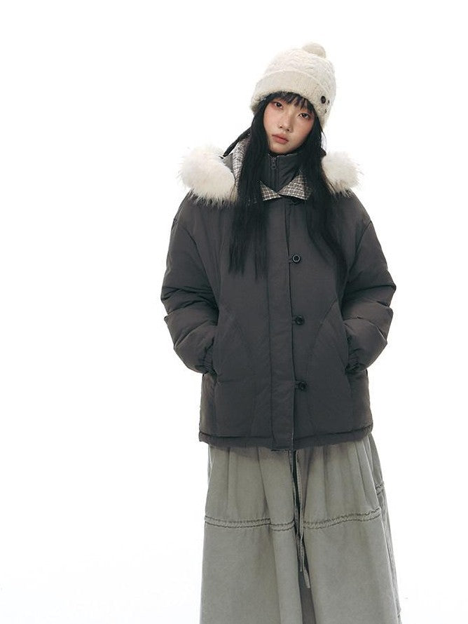 NAPSNAPS White Fur Hooded Double Collar Faux Two Piece Women&
