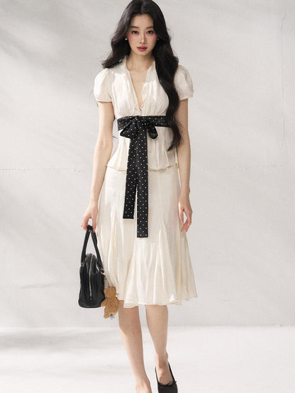 7Shiftin Polka Dot Tie V-neck French Loose Puff Sleeve White Ladies Basic Crop Tops