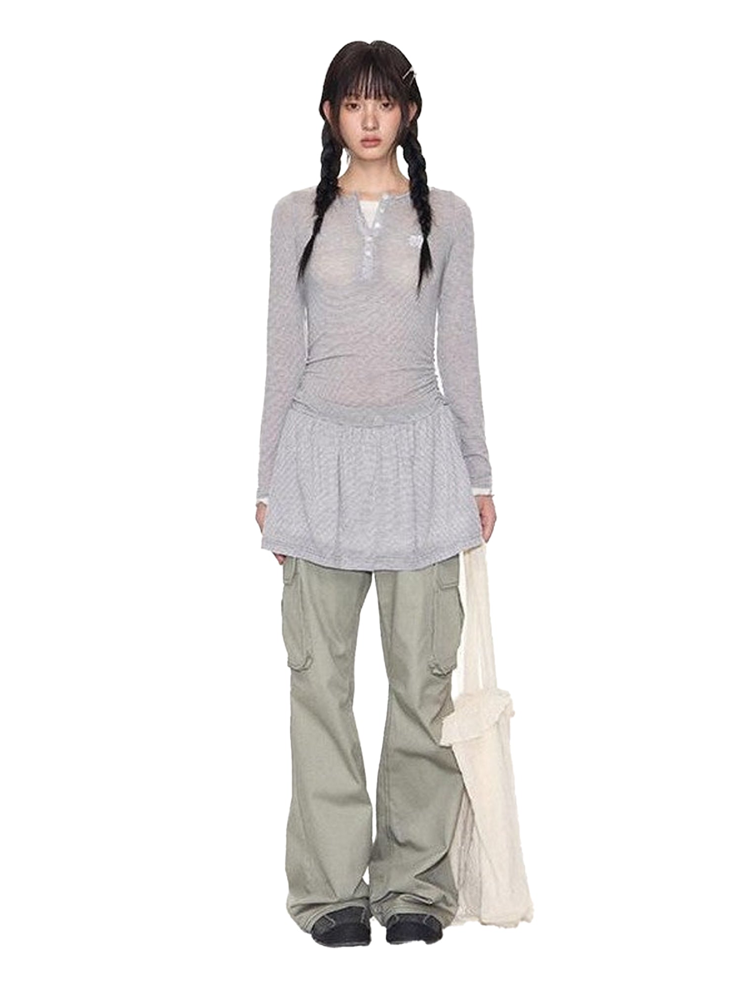 NAPSNAPS Khaki Vintage Cargo Embroidered Low Waist Women&