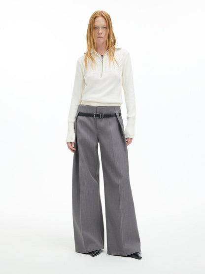 RUN TO THE FUTURE Low Rise Jacquard Minimal Casual Women Light Heather Gray Wide-Leg Pants