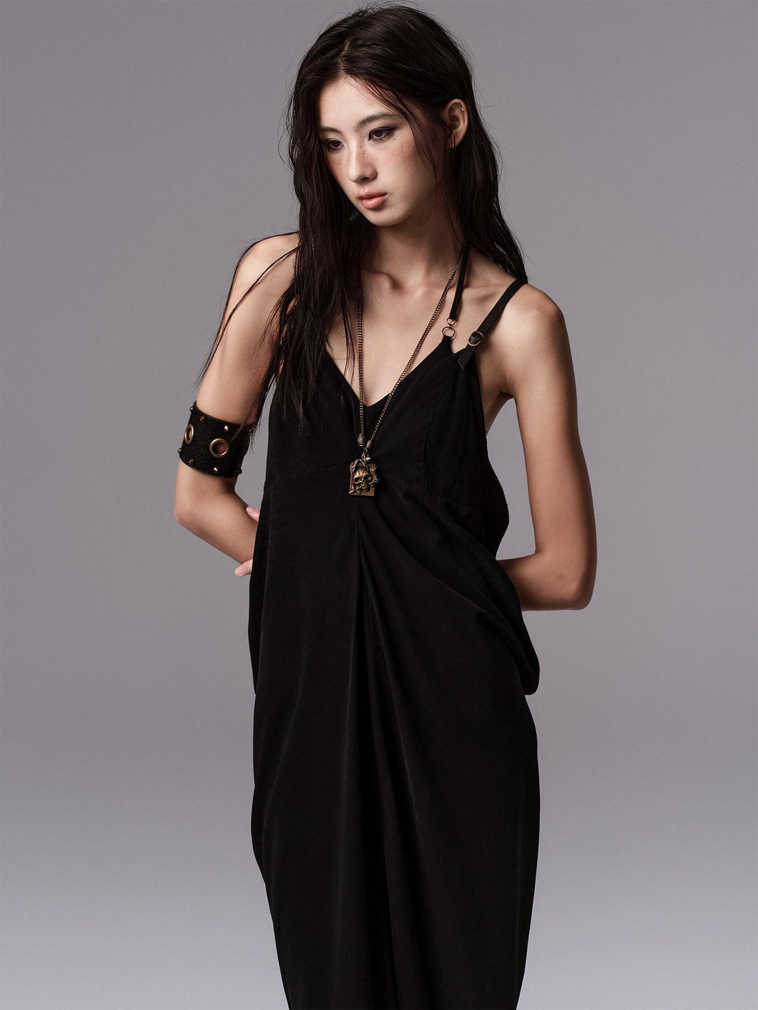 Low pixel Pure Cupro Slim Fit Dark Gothic Vneck Camisole Women Black Zip Back Maxi Dresses