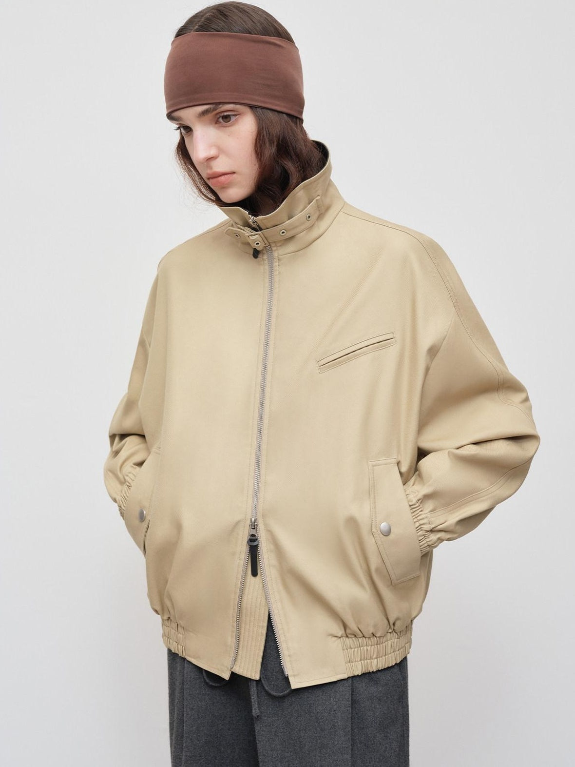 RUN TO THE FUTURE Khaki Cotton Patchwork Barn Style Loose Fit Unisex Zipper Track Jackets