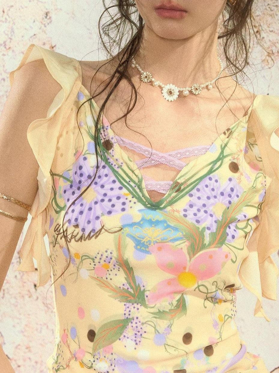 OfAkiva Handpainted Floral Ruffle Cross Tie Women&
