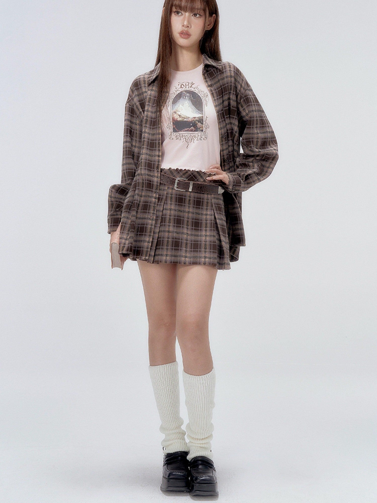 DKZ OFFICIAL Plaid Shirred Drop Shoulder Women&